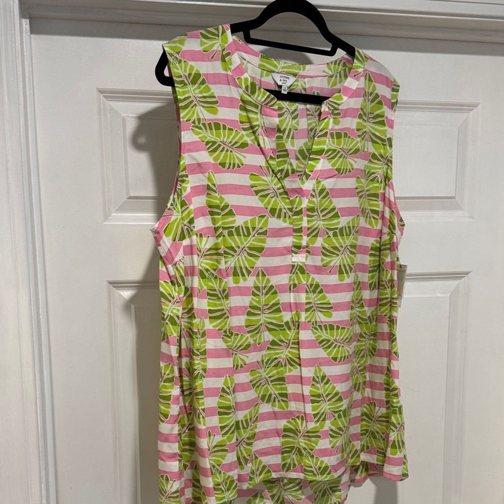 Pink and Green Leaf Print Sleeveless Top